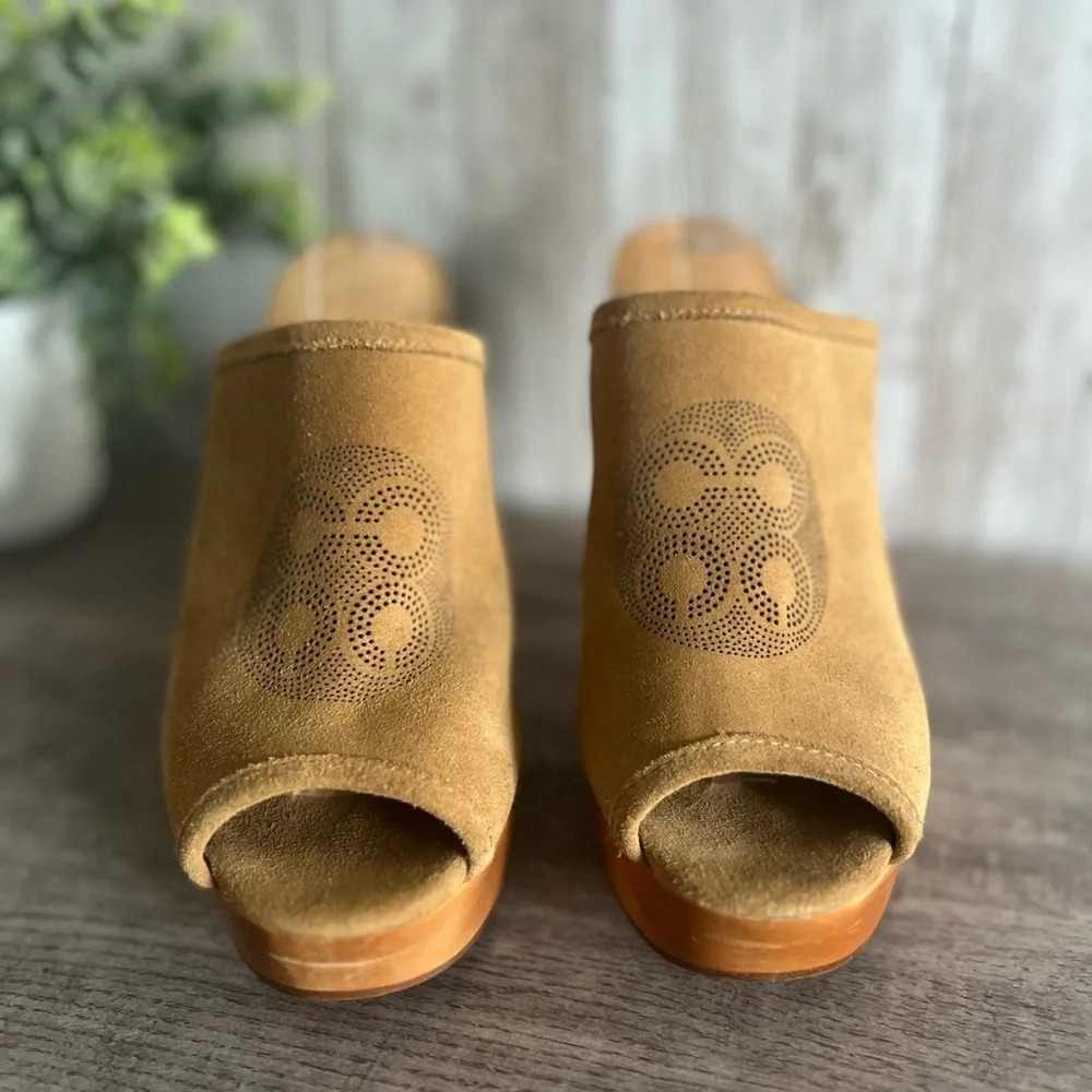 Coach Suede Open-Toe Mules in Tan